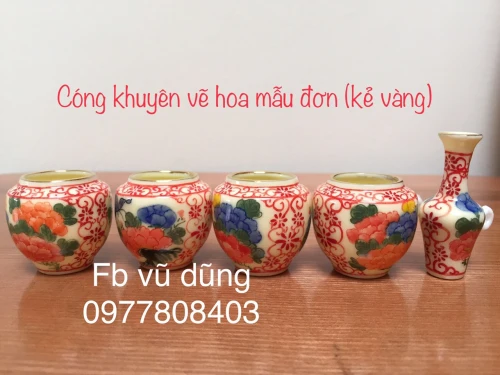 cóng khuyên chum vẽ tích mẫu đơn ren đỏ kẻ miệng vàng kim