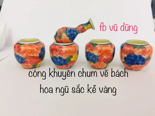 cóng khuyên chum vẽ tích bách hoa ngũ sắc kẻ miệng vàng kim