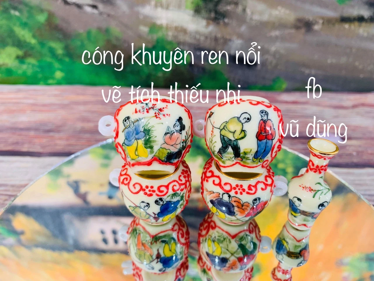 cóng khuyên chum ren nổi kẻ miệng vàng kim vẽ tích thiếu nhi 5 cóng 10 cảnh