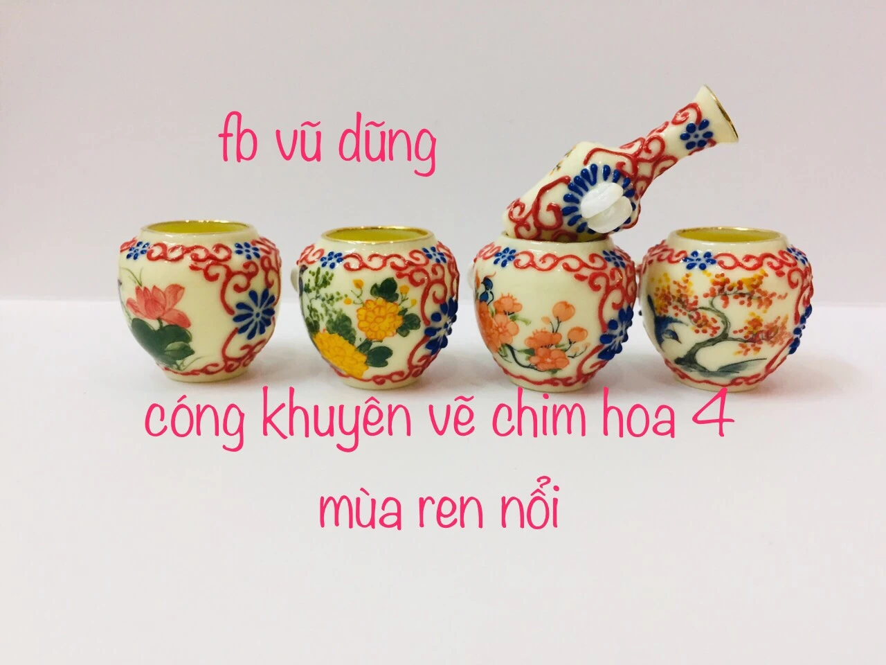 cóng khuyên chum ren nổi vẽ chim hoa 4 mùa kẻ miệng vàng kim