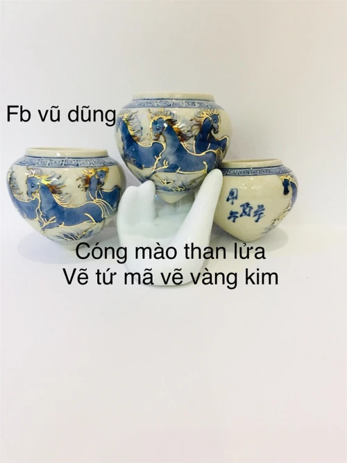 cóng mào dáng đào vẽ tứ mã men cổ vẽ vàng kim