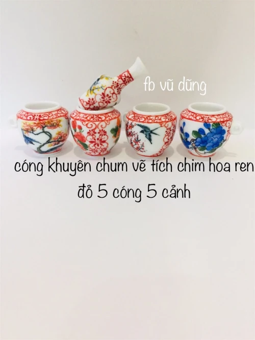 cóng khuyên chum vẽ chim hoa ren đỏ 5 cóng 5 cảnh