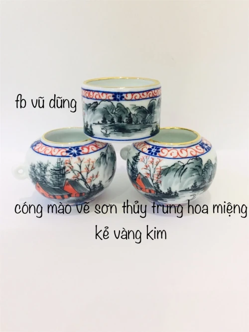 cóng mào chum vẽ tích sơn thủy trung hoa kẻ miệng vàng kim