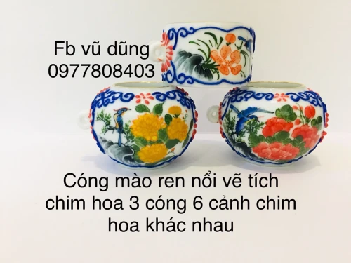 cóng mào vẽ chum hoa ren nổi kẻ miệng vàng kim