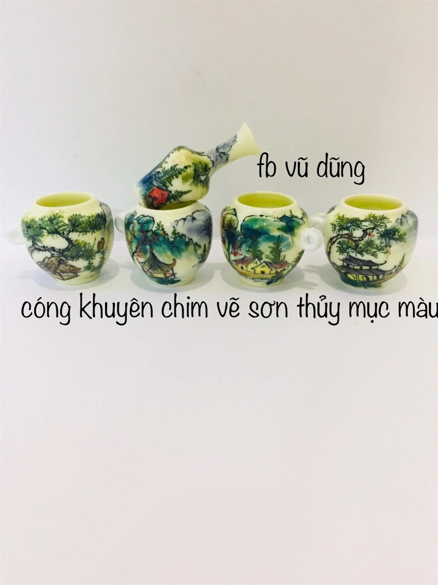 cóng khuyên chum vẽ tích sơn thủy  mực màu