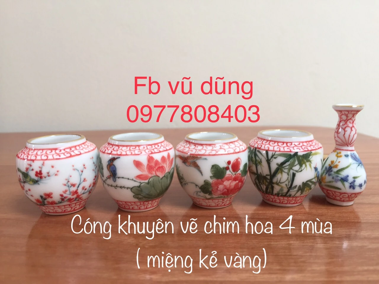 cóng khuyên chum vẽ tứ cảnh kẻ miệng vàng kim