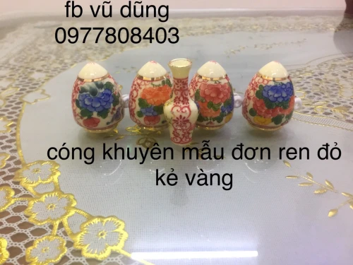 cóng khuyên đạn vẽ tích hoa mẫu đơn ren đỏ kẻ miệng vàng kim