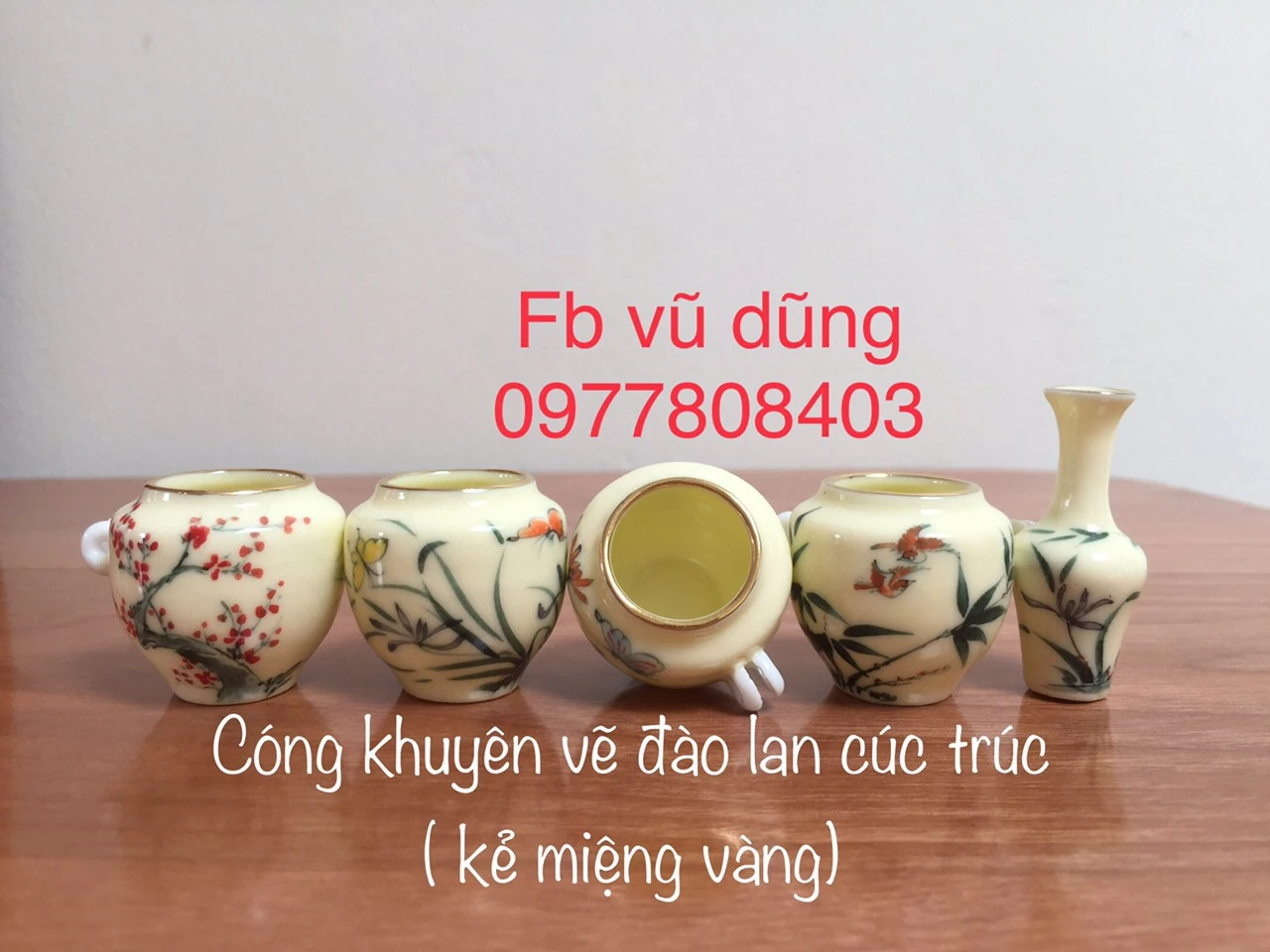 cóng khuyên chum men ngà vẽ đào lan trúc cúc kẻ miệng vàng kim