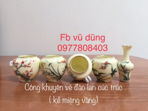 cóng khuyên chum men ngà vẽ đào lan trúc cúc kẻ miệng vàng kim