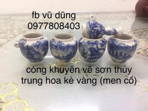 cóng khuyên chim vẽ tích sơn thủy men cổ kẻ miệng vàng kim